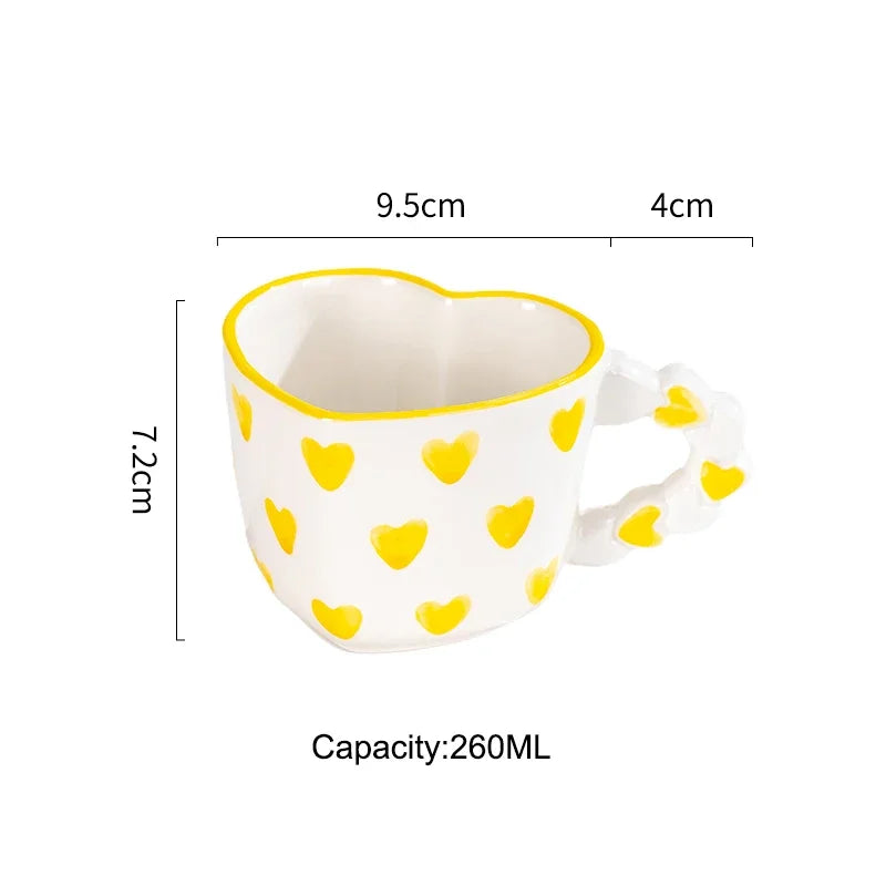 Cute Ins Style Heart Shape Coffee cup with Saucer Hand Painted Love Ceramics Mug Festival Gifts Afternoon tea Cup Breakfast cups