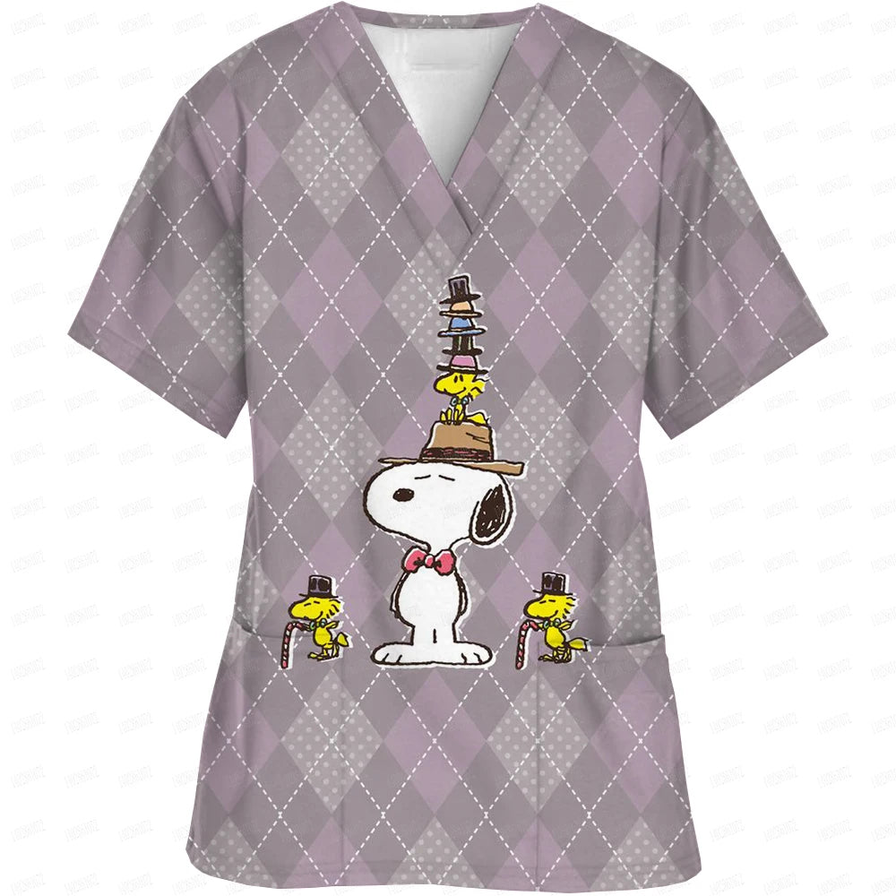 Snoopy print Working Nurse Uniform Women Short Sleeve Pocket Blouse Scrubs Tops Nursing Medical Accessories oversized tshirt