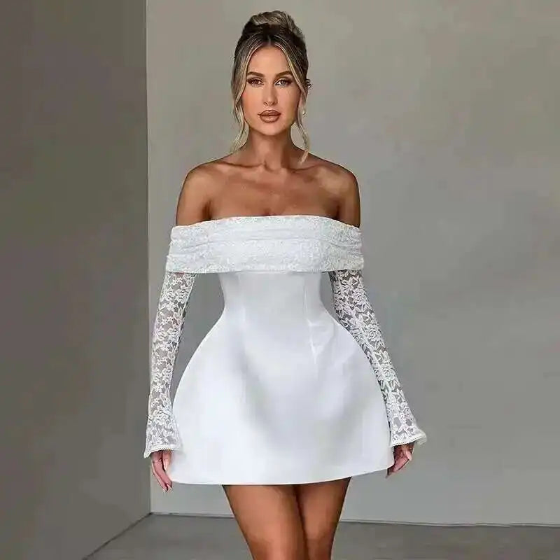 Townlike Lace Patchwork Waist Wrap A-line Dress Women Mini 2024 Autumn Winter Dress Backless Nightclub Sexy Party Dresses