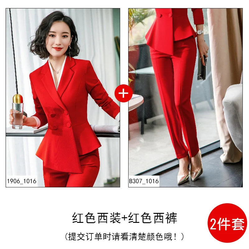 Fashion Red Pant Suits For Women Business Work Wear Formal Outfits Office Lady Blazer Set Elegant 2 Pieces Sets Female 2024 New