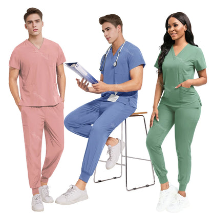 Medical Nurse Uniforms Vet Beauty Workwear Pockets Clinical Scrub Top Pant Doctor Nursing Suit Surgical Uniform Unisex Scrub Set