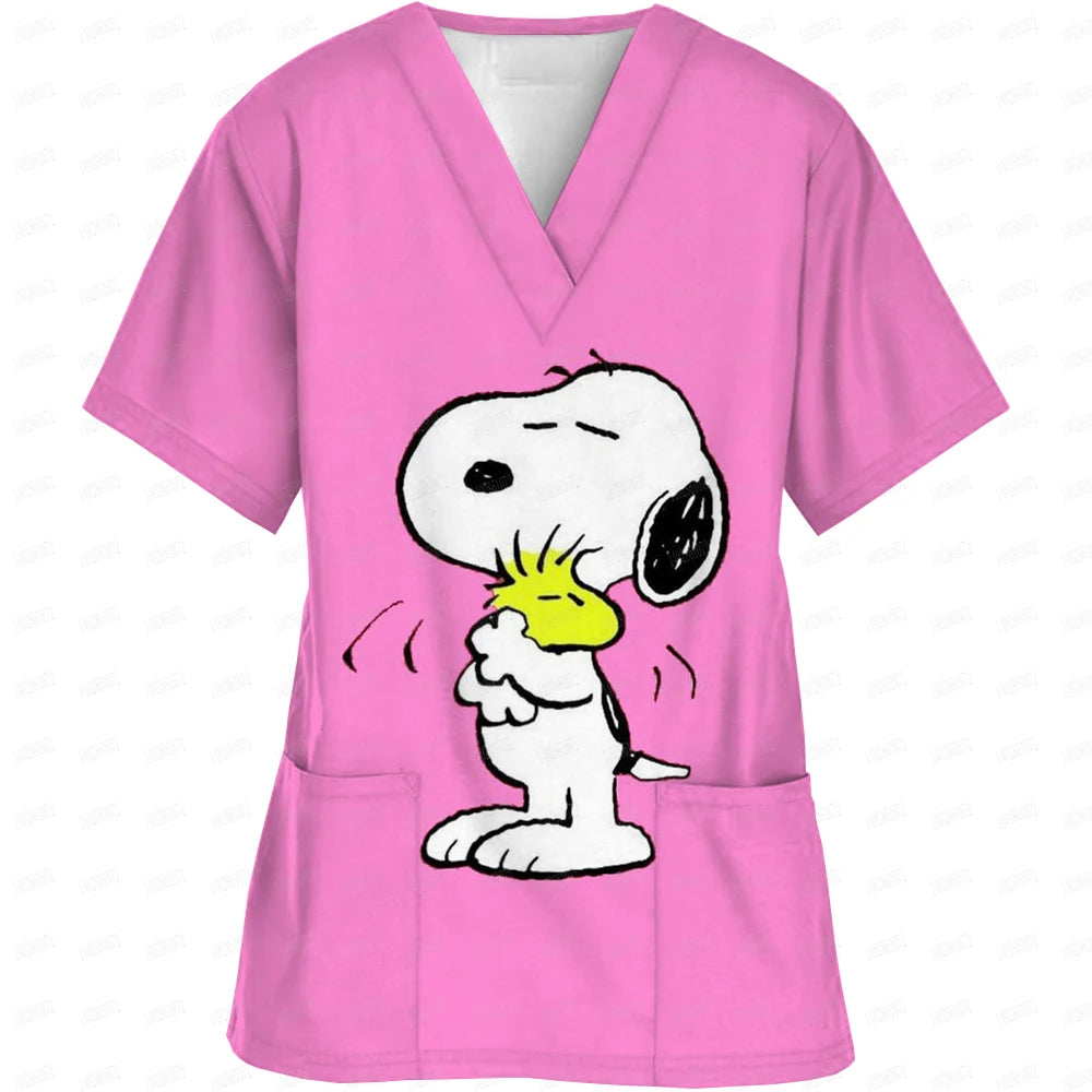 Snoopy print Working Nurse Uniform Women Short Sleeve Pocket Blouse Scrubs Tops Nursing Medical Accessories oversized tshirt