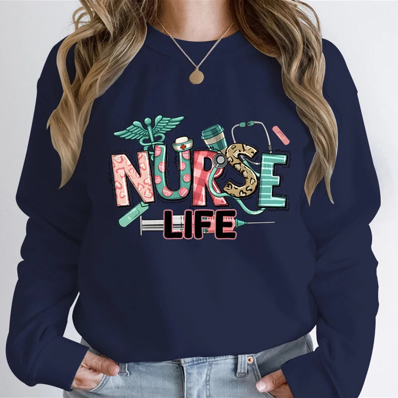 Woman Clothing Nurse Life Cartoon Classic Design Sweatshirts Nurse Gifts Autumn Hoodies Registered Nurse Gift Cartoon Sweatshirt