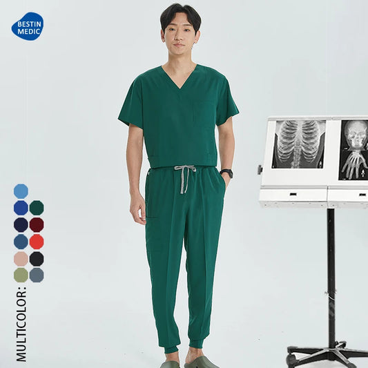 Green Hospital Work Uniforms Short-sleeved Doctor Outfit Clinical Scrub Set for Women Men Nurse V-neck Top Jogger Pant Scrub S21