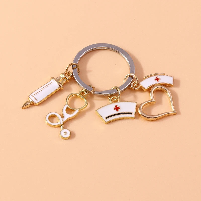 Cute Enamel Doctors Medical Stethoscope Syringe Keychain Nurse Hat Key Rings for Men Women Handbag Pendants DIY Jewelry Gift