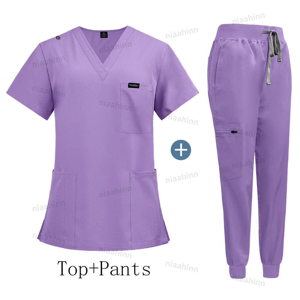Wholesale Price Clinical Uniform Woman Hospital Doctor Work Wear Nurse Medical Clothing Short Sleeved Top Jogging Pants Set Mens