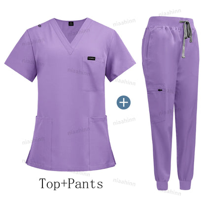 Wholesale Price Clinical Uniform Woman Hospital Doctor Work Wear Nurse Medical Clothing Short Sleeved Top Jogging Pants Set Mens