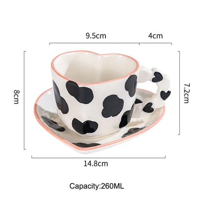Cute Ins Style Heart Shape Coffee cup with Saucer Hand Painted Love Ceramics Mug Festival Gifts Afternoon tea Cup Breakfast cups