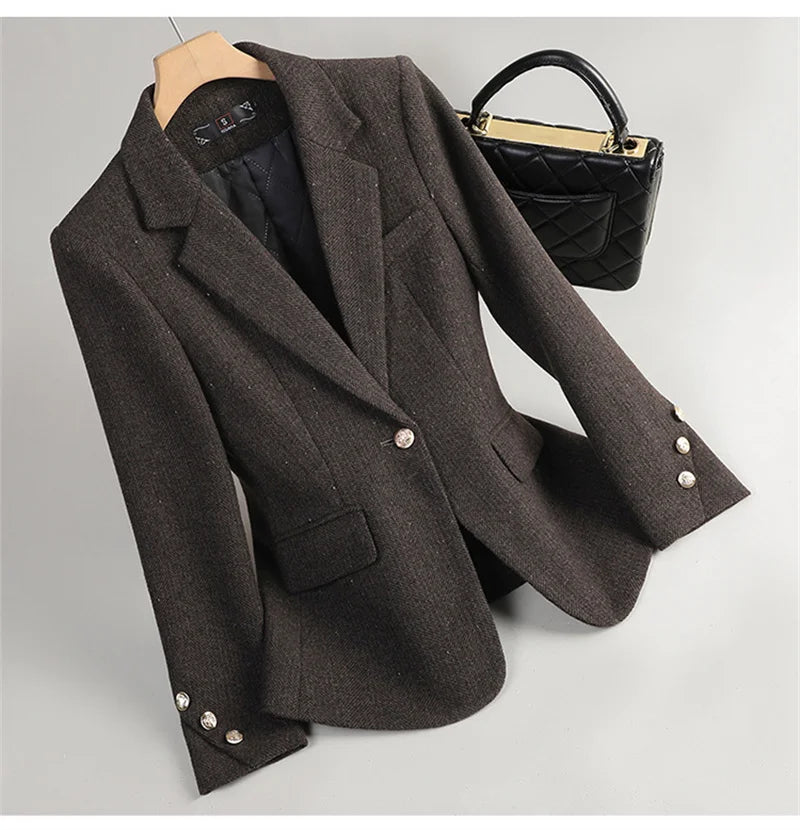 Autumn Winter Women Blazer Long Sleeve Single Button Formal Jacket Business Coat Ladies Office Woolen Suit Coat Female Outerwear