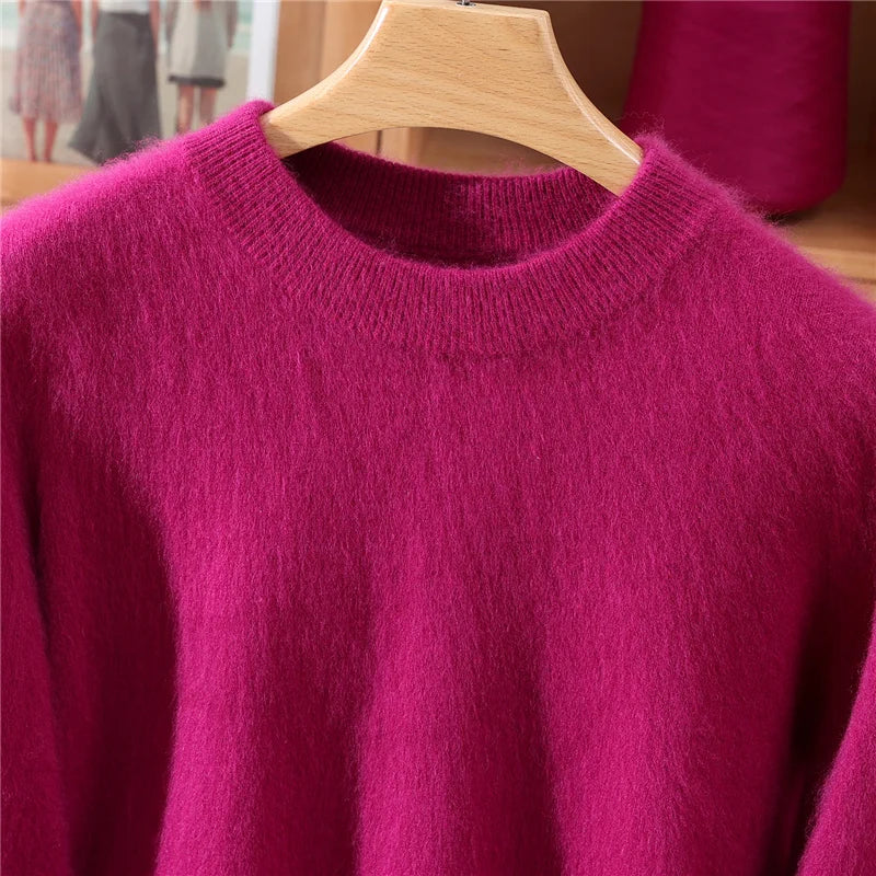 Autumn Winter Sweater Pullover Women's Clothing 100% Mink Cashmere Sweater Pullover O-Neck Basic Long Sleeve Warm Fleece Knitted