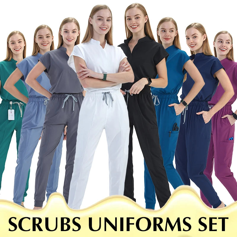 Premium Women's Scrub Sets Mandarin Collar Nurse Uniform Doctor Clothes Tunic Jogger Pant Surgical Scrubs Outfit 10 Pockets S180