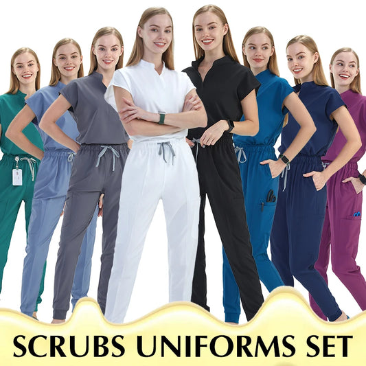 Premium Women's Scrub Sets Mandarin Collar Nurse Uniform Doctor Clothes Tunic Jogger Pant Surgical Scrubs Outfit 10 Pockets S180