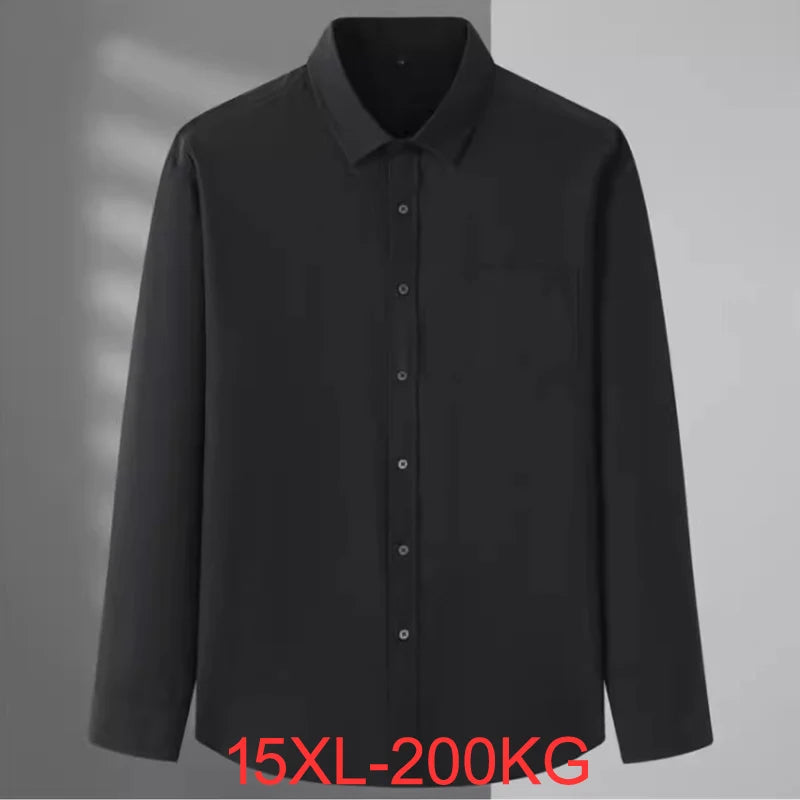 Spring and Autumn Large Size 15XL Men's Long-sleeved Shirt High Elastic Solid Color Shirt 12XL 11XL 10XL 9XL 8XL 7XL 200kg