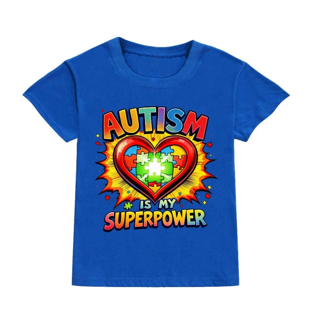 Autism Is My Superpower Kids Tshirt Autism Awareness Youth Shirt Toddler Short Sleeve Clothes Colorful Puzzle Boys Tee