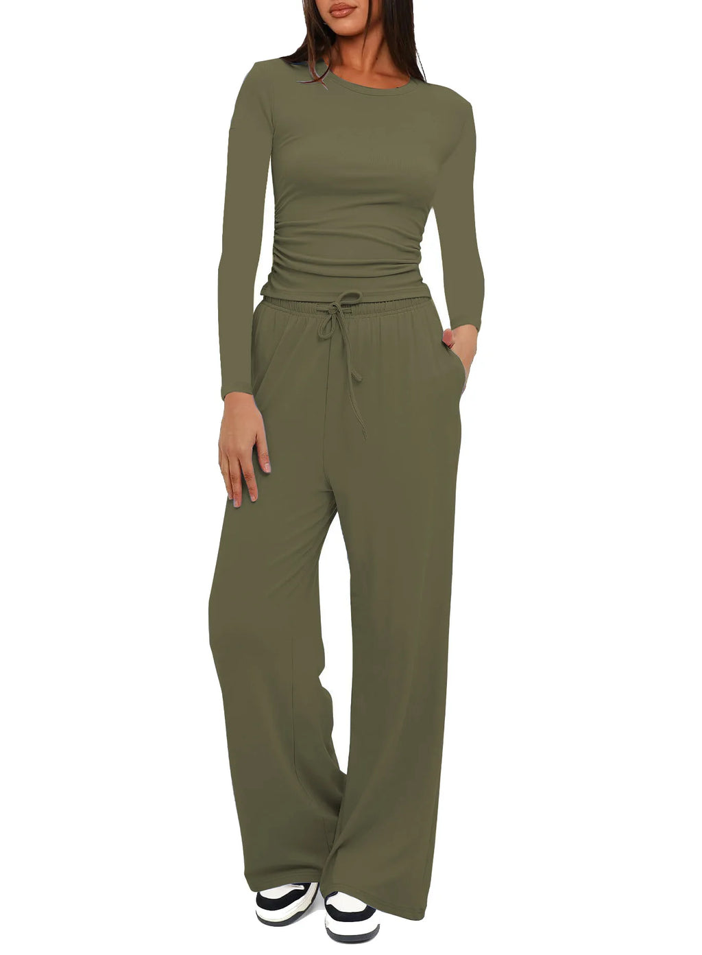 Autumn Winter Trend Fashion Women's Two Pieces Set Solid Casual O Neck Long Sleeve T-shirts & High Waist Wide Leg Pants Sets