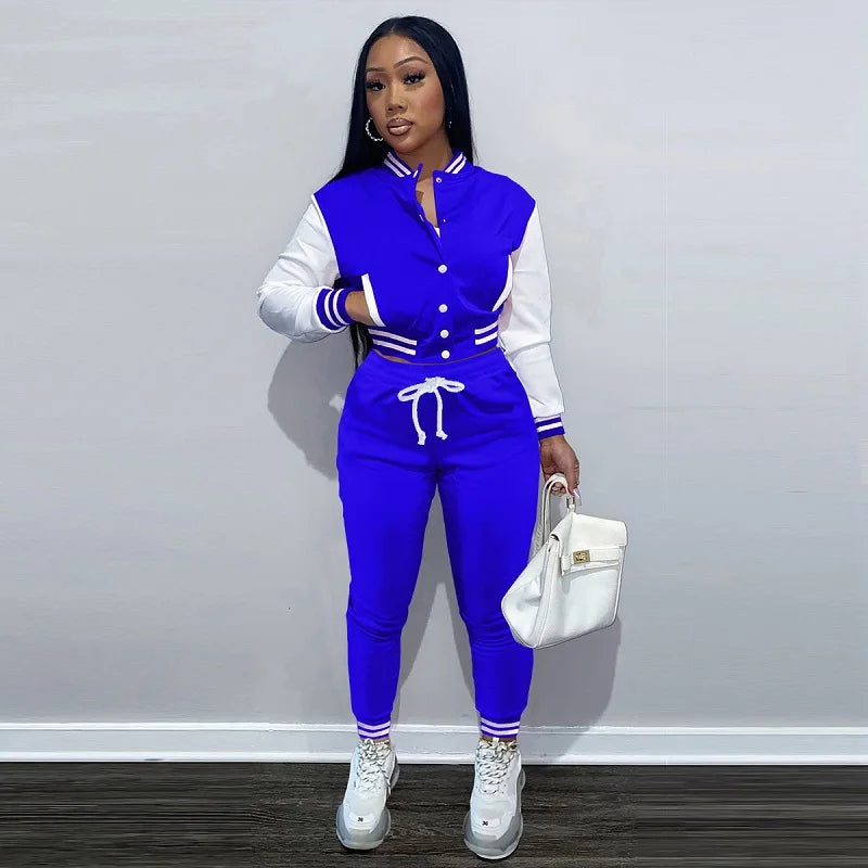 New Women's Stitching Jacket Single-breasted Baseball Sports Two-piece Suit