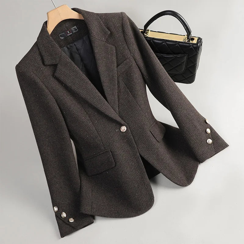 Autumn Winter Women Blazer Long Sleeve Single Button Formal Jacket Business Coat Ladies Office Woolen Suit Coat Female Outerwear