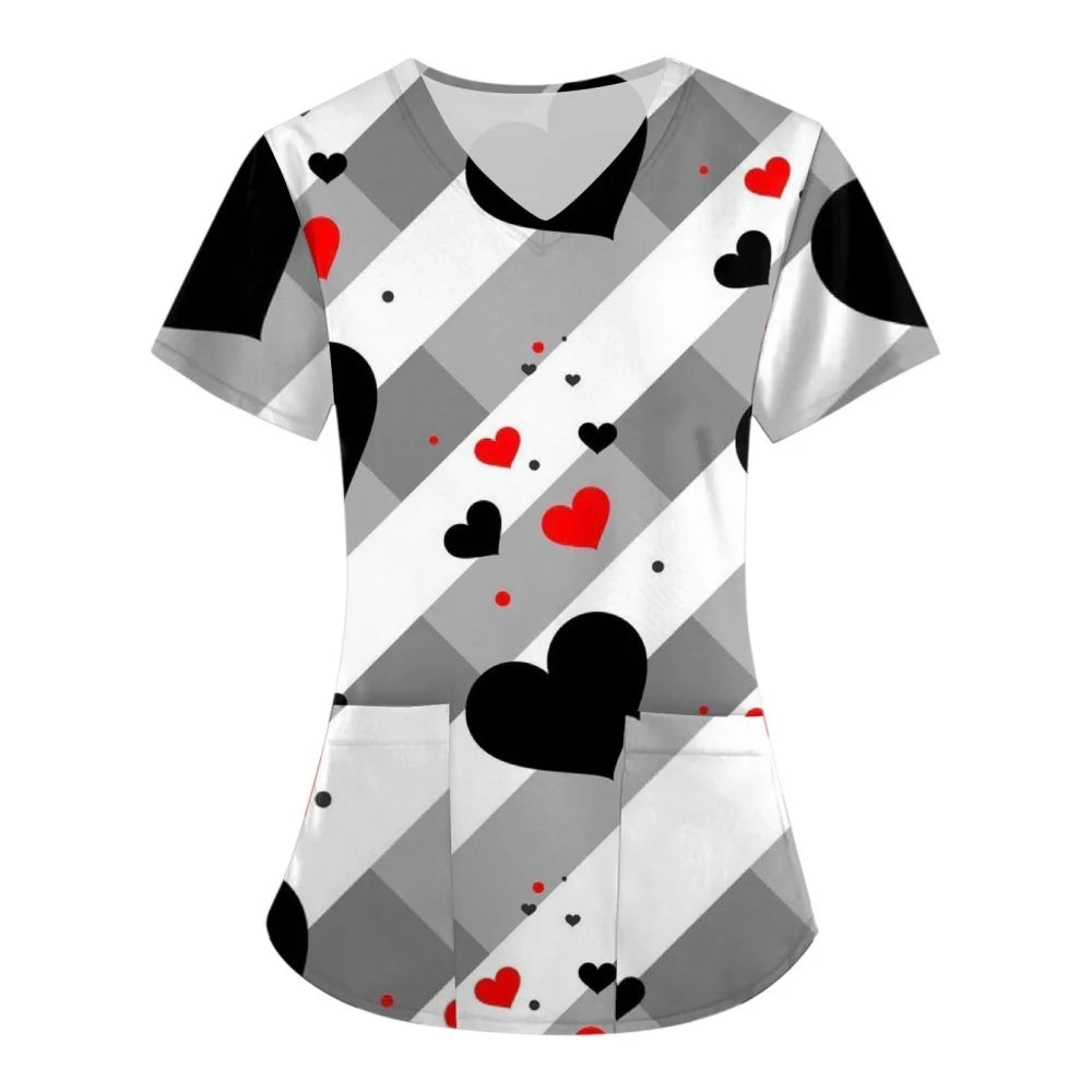 Clinical Uniform Woman V-Neck with Pocket Nurse Uniforms Comfortable Valentine's Day 3D Pattern Printed Women's Medical Uniform