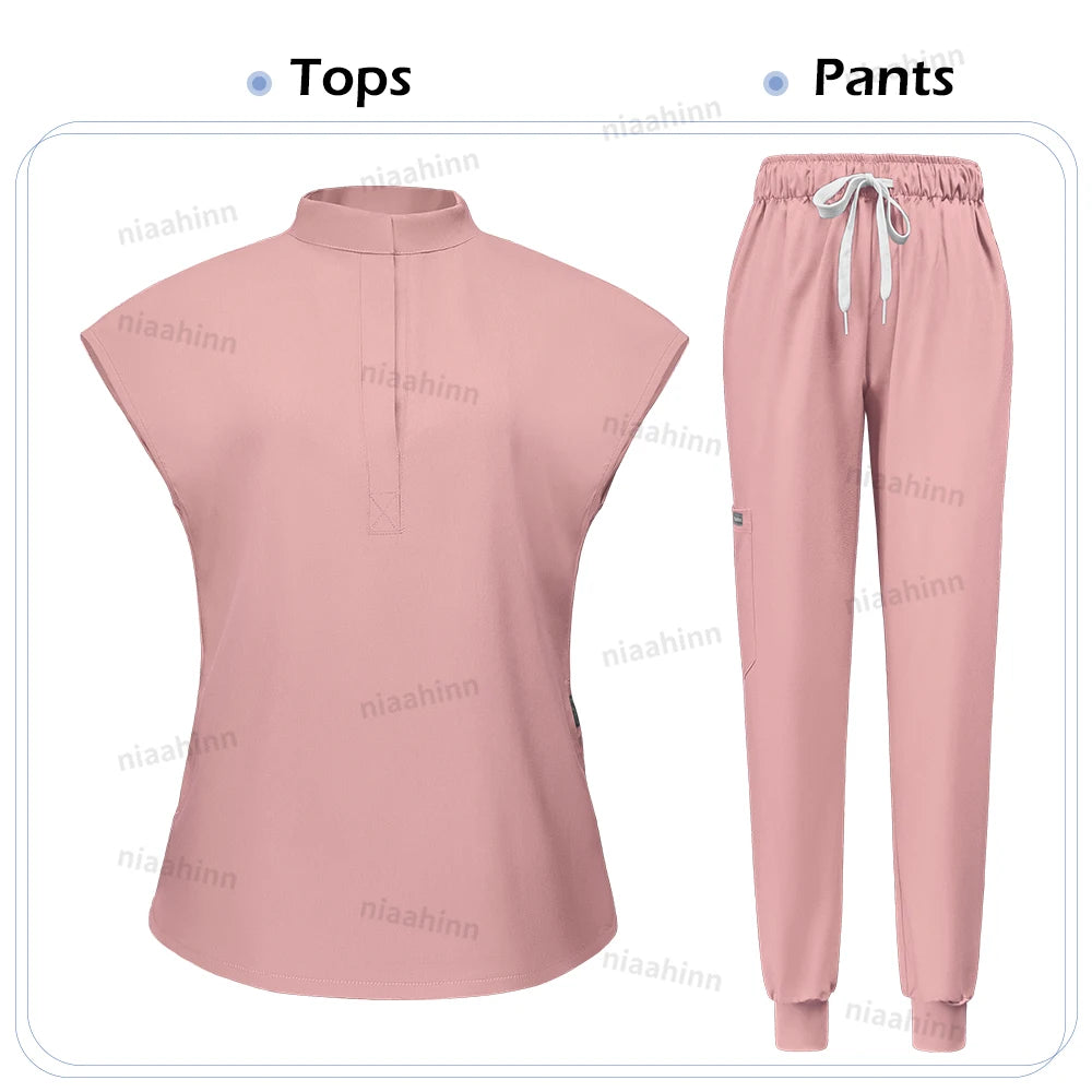 Niaahinn Scrubs Hot Sales Jogger Scrub Sets Women Solid Color Breathable Work Clothes Lab Coat Uniform Hospital Doctor Work Wear