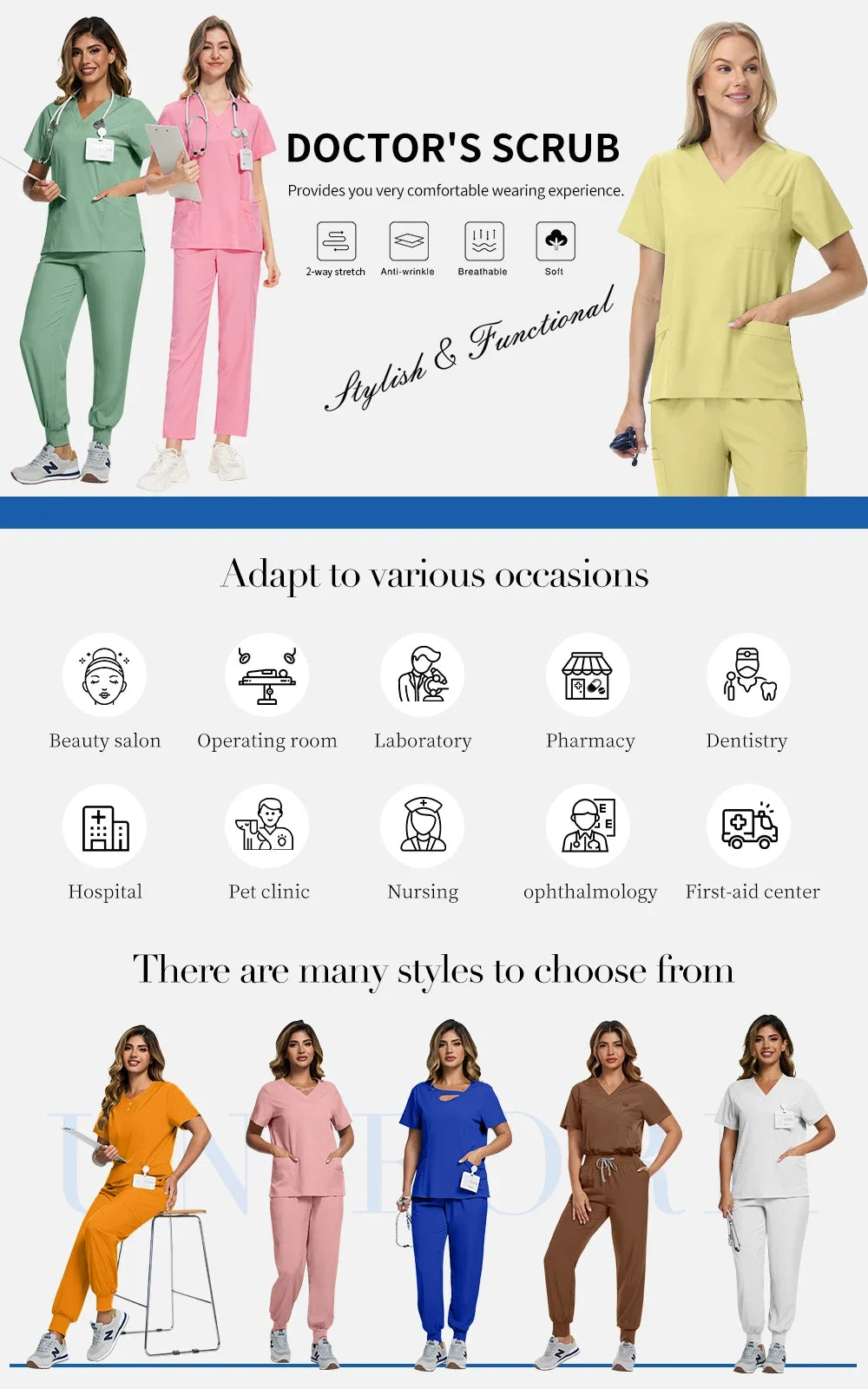 Nursing Operating Room Clothes Medical Scrubs Uniform Women Nurse Scrub Set Pocket Top+Pants 2 Piece Suit