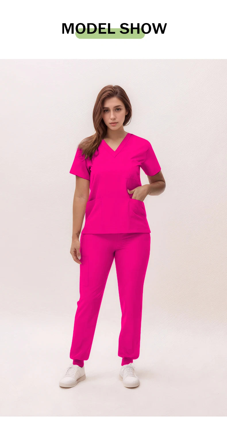 Short Sleeves Nurse Uniforms V-neck Top Jogger Pants  Women Surgical Scrubs Dentist Nursing Suit Pet Hospital Doctor Outfit S21
