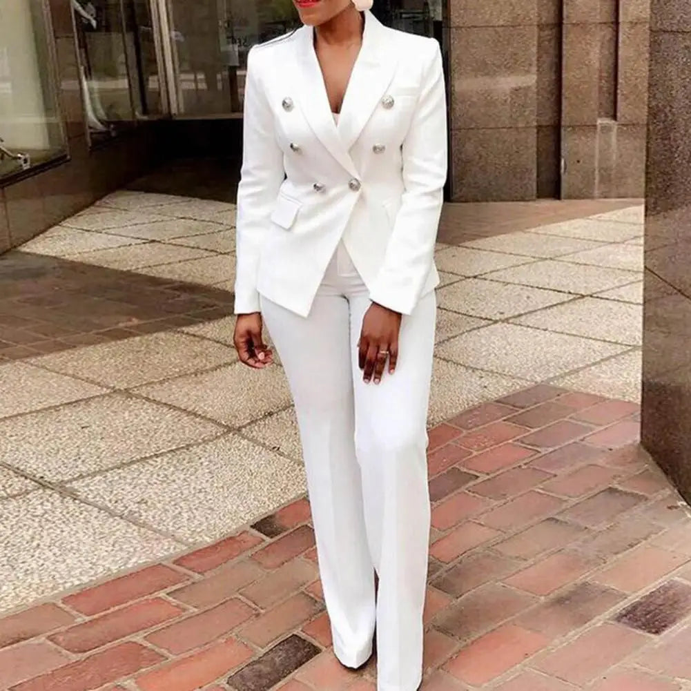 2Pcs/Set Chic Straight Office Blazer Pants Set Double Breasted Formal Pure Color Lapel Lady Blazer Trousers Suit Workwear