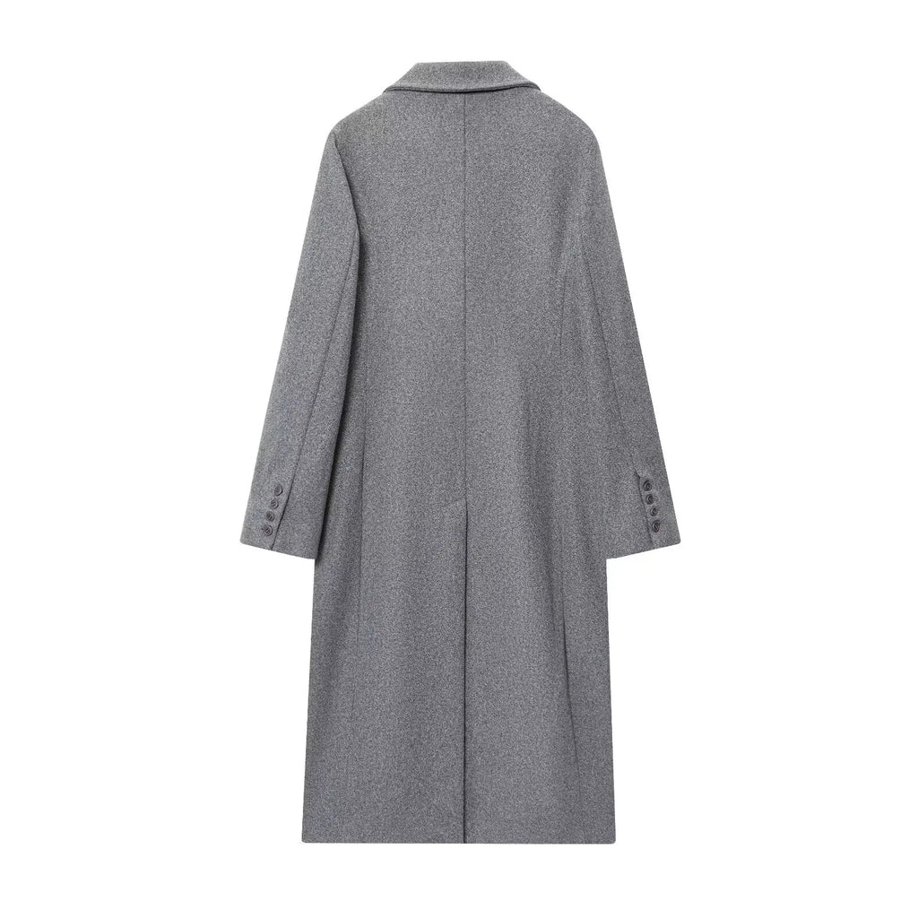 HH Female Autumn Winter Fashion Woolen Long Coat Woman Casual Turn-Down Collar Long Sleeves Pockets Double Breasted Coat
