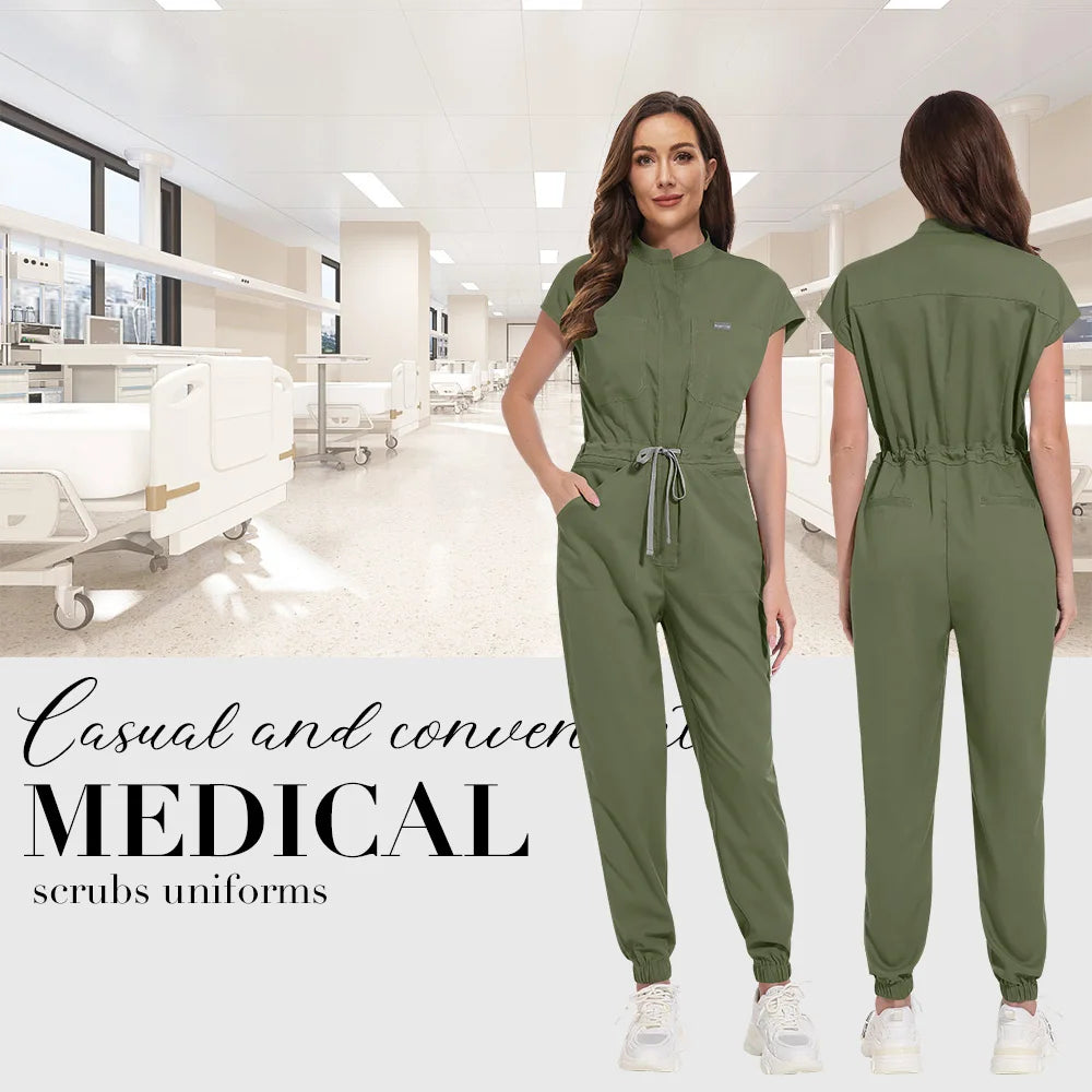 Niaahinn Zipper Neck Lab Jumpsuit Pet Grooming Nurse Uniform Onesie Short Sleeved Scrubs Workwear Health Service Nursing Clothes