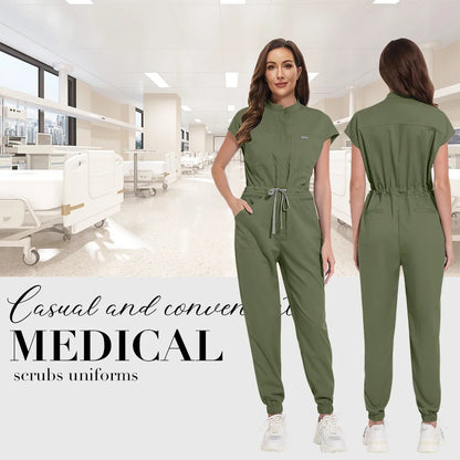 Niaahinn Zipper Neck Lab Jumpsuit Pet Grooming Nurse Uniform Onesie Short Sleeved Scrubs Workwear Health Service Nursing Clothes