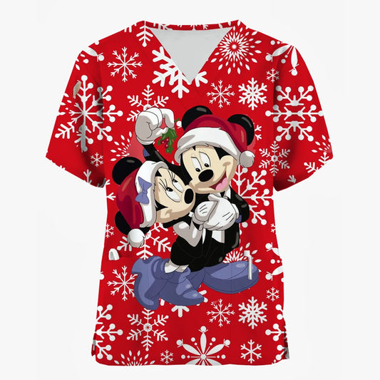 2024 Disney Uniform Women's Cartoon Stitch Print Nurse Work Shirt Pocket Gown Christmas Healthcare Nurse Scrubs