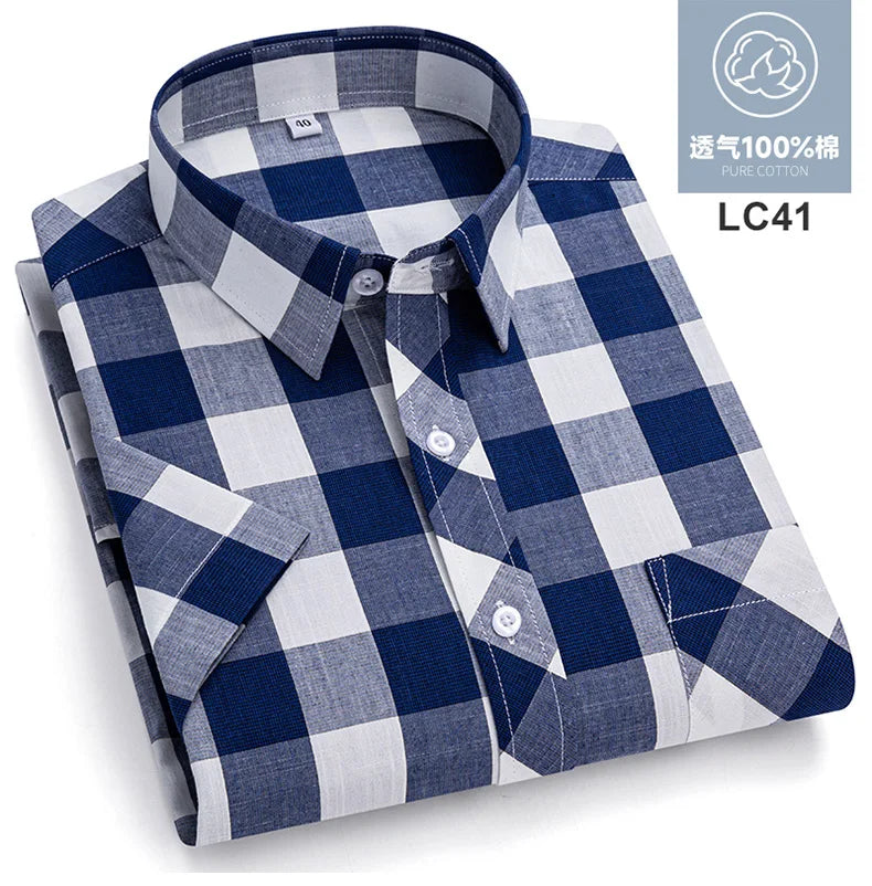 Plus Size 8XL 7XL New Men's Shirts Short Sleeve Cotton Plaid Shirt Summer Fashion Thin Soft Classic Basic Casual Male Clothing