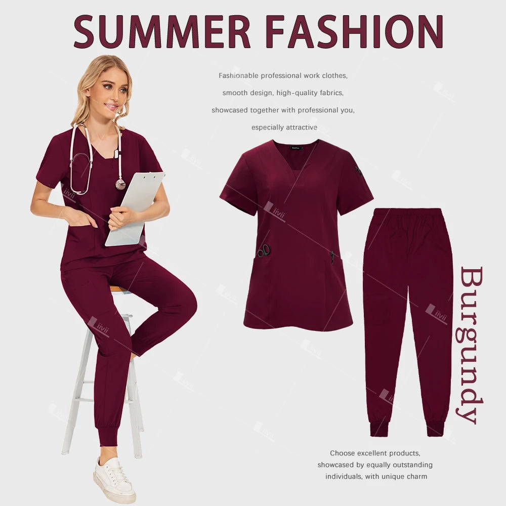 Medical Scrub Set Women Wholesale Hospital Doctor Dentist Work Clothes Surgical Scrub Top Jogging Pants Multicolor Nurse Uniform
