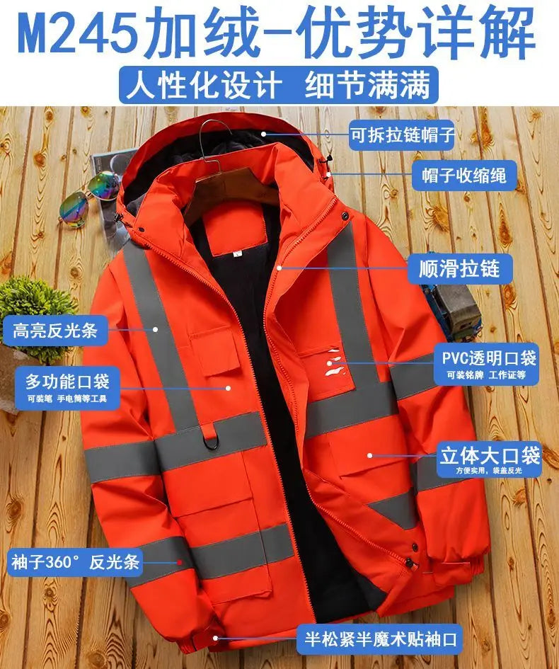 Winter Work Jacket Men, Waterproof Windproof Reflective Thermal Coat, Fleece Lined Abrasion Resistant Parka