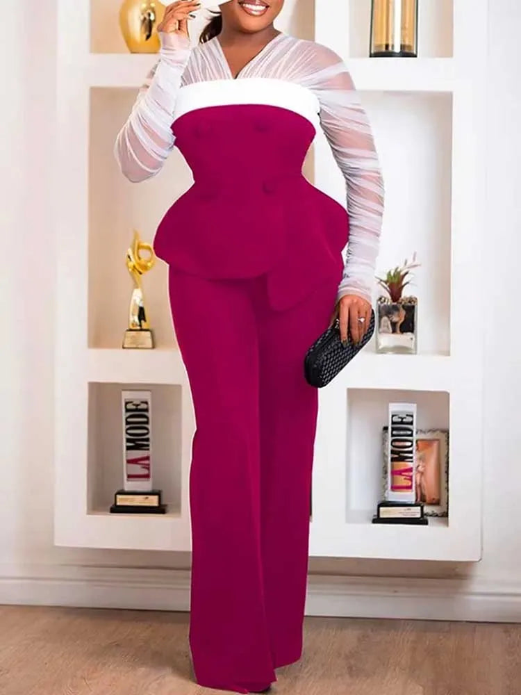 Women Elegant Two Piece Pants Set Female Office Wear White Mesh Sleeves Slim Top and Slacks Pant Sets Sexy Chic Spring Outfits