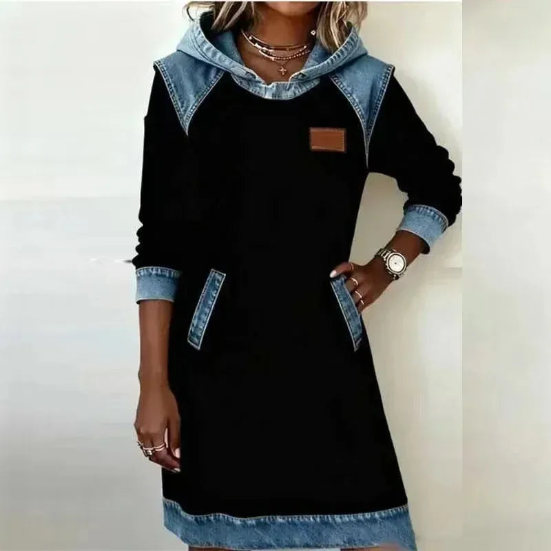 Winter Hoodies Sweatshirt Dress Autumn Pullover Denim Contrast Patchwork Hoodeder Dress Woman Casual Long Sleeve Pocket Dress