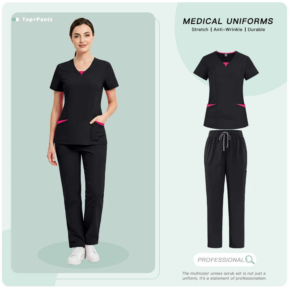Medical Uniforms for V-neck Hospital Nurse Scrubs Set Women Doctor Workwear Oral Dental Surgery Work Top+Pants New Beauty Suit