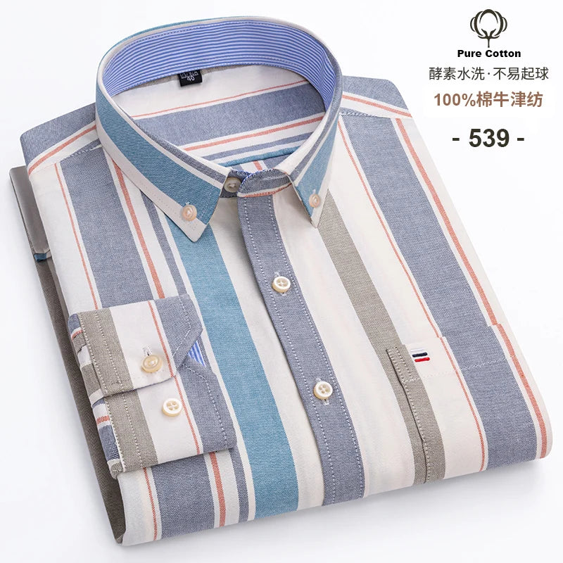 New S-7XLCotton Oxford Shirt For Mens Long Sleeve Plaid Striped Casual Shirts Male Pocket Regular-Fit Button-Down Work Man Shirt