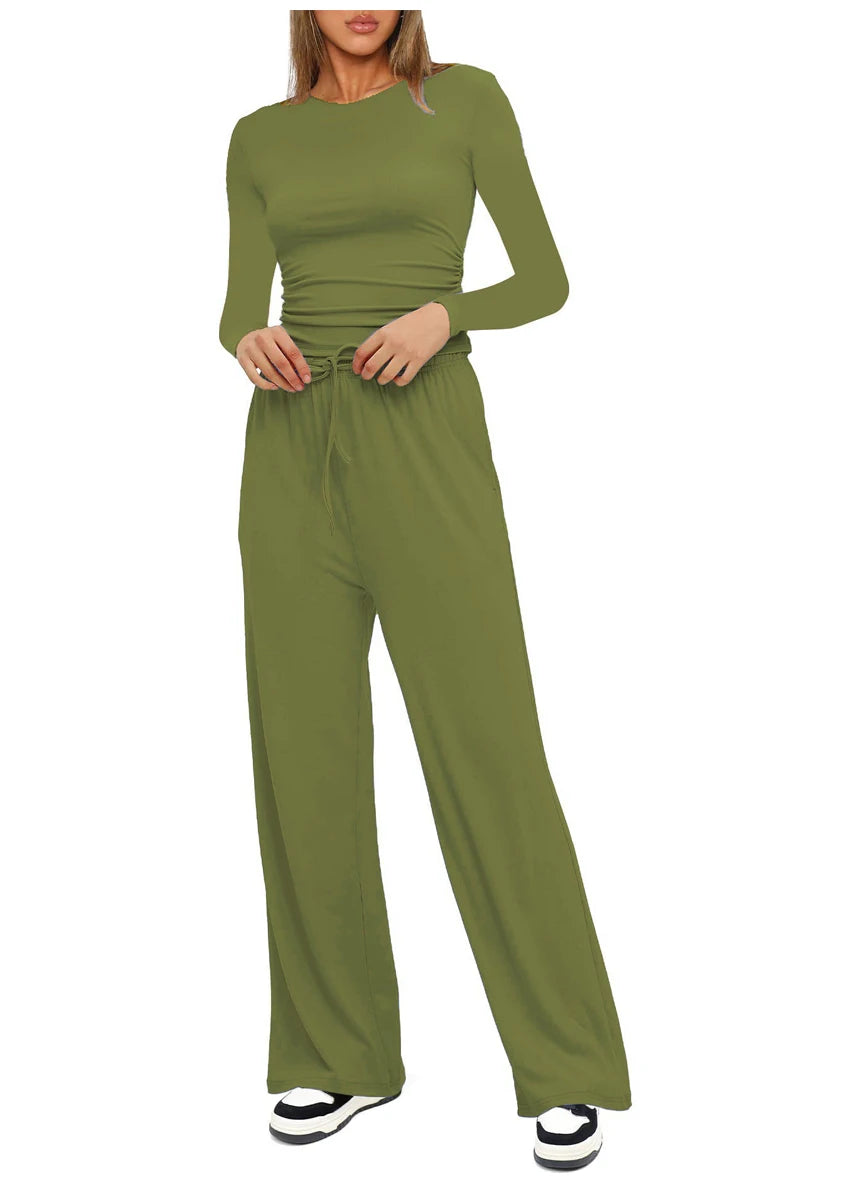 Autumn Winter Trend Fashion Women's Two Pieces Set Solid Casual O Neck Long Sleeve T-shirts & High Waist Wide Leg Pants Sets