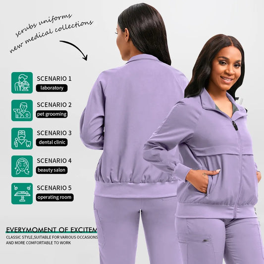 Long Sleeved Medical Scrub Jacket Pharmacy Uniform Women Solid Nurse Hospital Scrub Coat Surgical Uniforms Beauty Salon Workwear