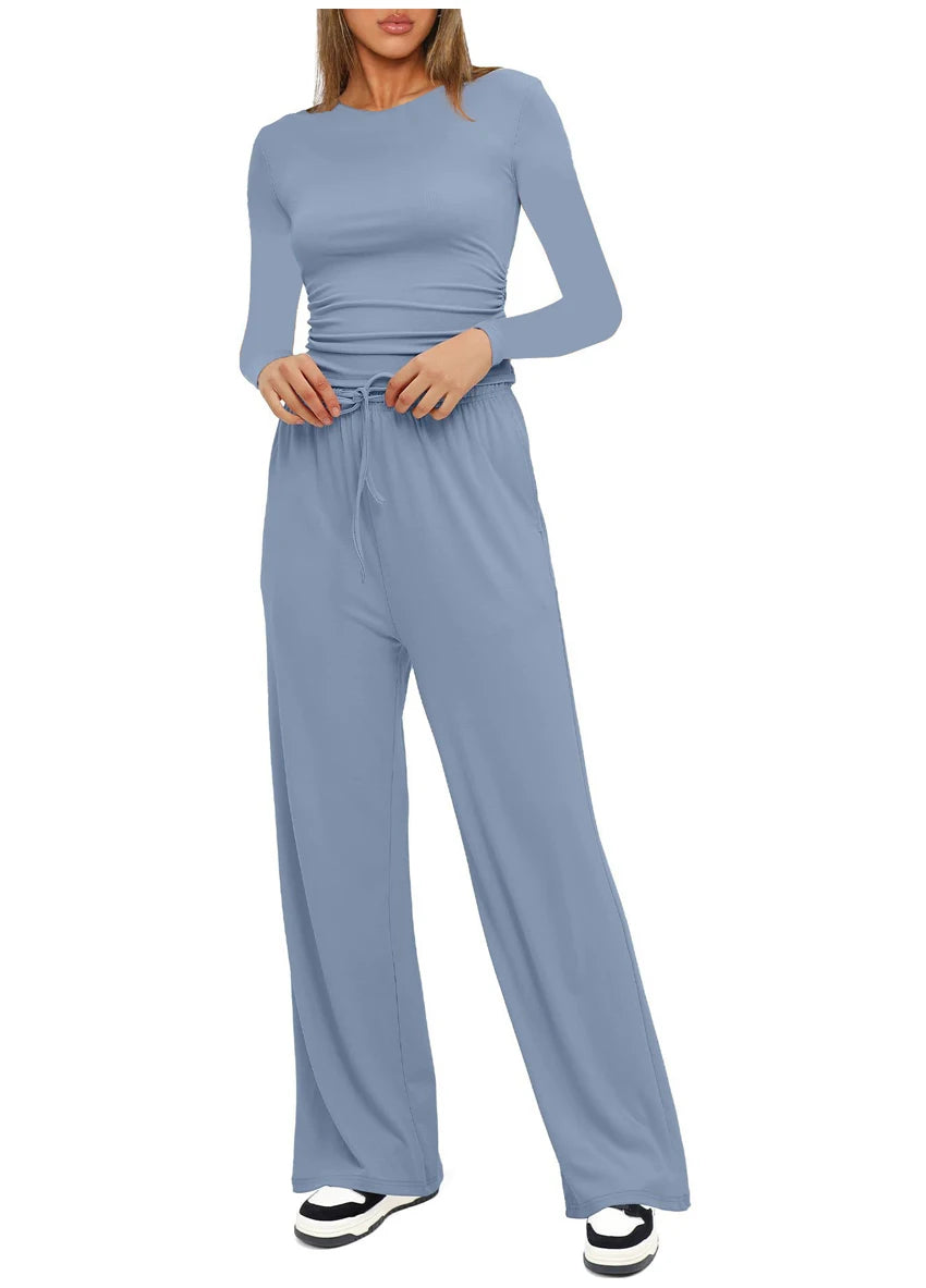 Autumn Winter Trend Fashion Women's Two Pieces Set Solid Casual O Neck Long Sleeve T-shirts & High Waist Wide Leg Pants Sets
