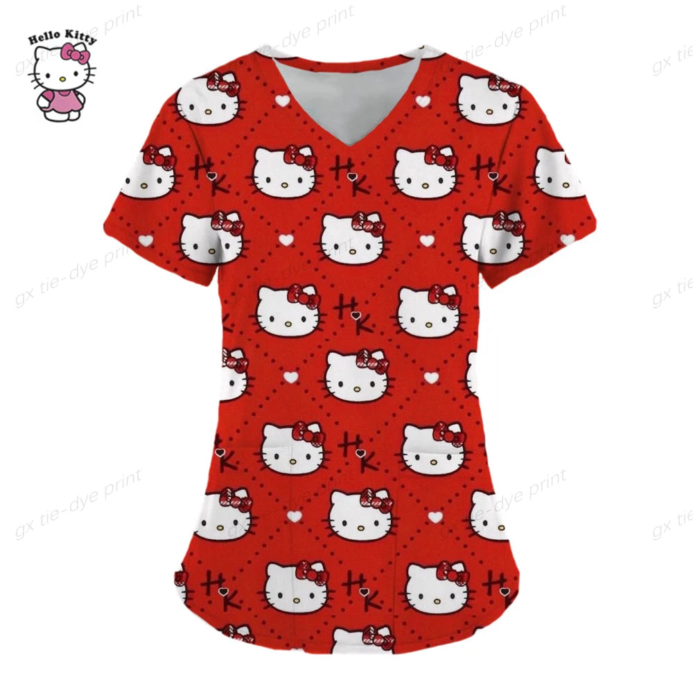 Hello Kitty Uniform Women's Cartoon Hello Kitty Print Nurse Work Shirt Pocket Gown Christmas Healthcare Nurse Scrubs