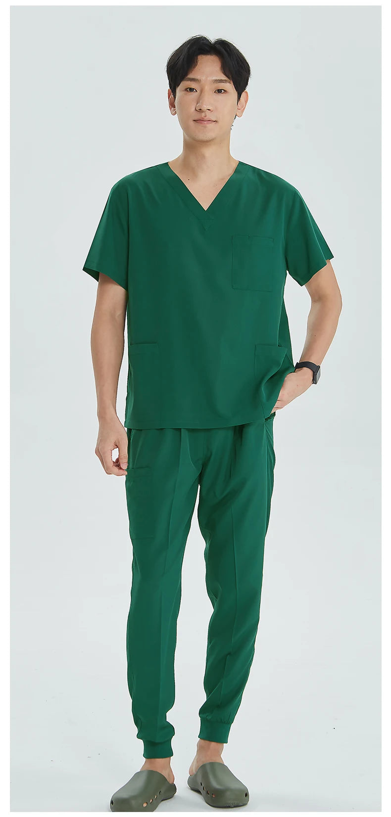Green Hospital Work Uniforms Short-sleeved Doctor Outfit Clinical Scrub Set for Women Men Nurse V-neck Top Jogger Pant Scrub S21
