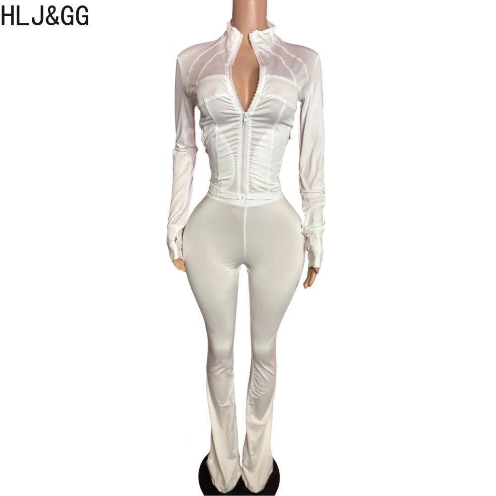 HLJ&GG Casual Solid Sporty Two Piece Sets Women Zipper Long Sleeve Slim Top And Skinny Pants Outfits Spring New 2pcs Tracksuits