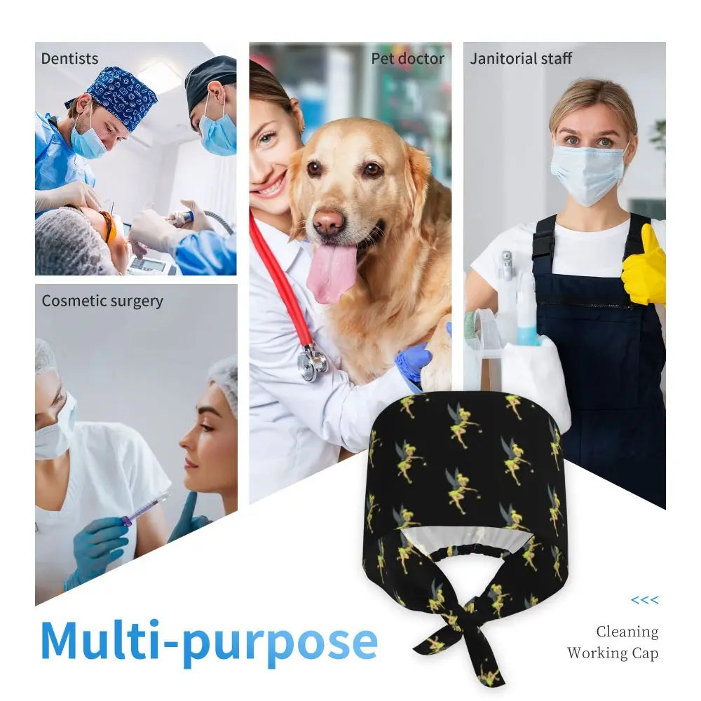 Custom Tinker Bell Breathable Nursing Work Cap Surgical Scrub Caps Unisex Nurse Medical Cap Cartoons Scrubs Hat Medical Surgical