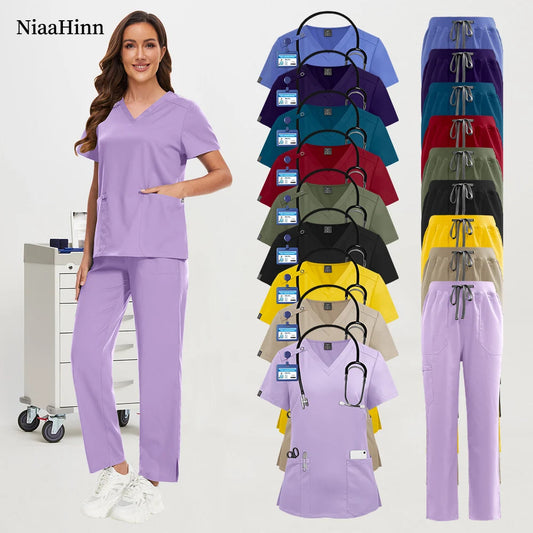 Niaahinn Spa Uniform Women Scrubs Suit Short Sleeved V-neck Surgical Nursing Set Multicolor Pet Grooming Doctor Medical Workwear