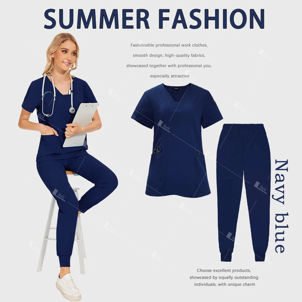 Medical Scrub Set Women Wholesale Hospital Doctor Dentist Work Clothes Surgical Scrub Top Jogging Pants Multicolor Nurse Uniform