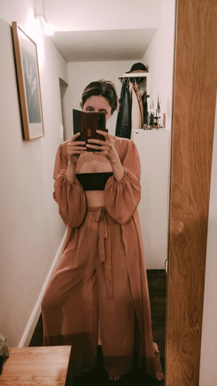 Women 3 Piece Sets Homewear Fashion Casual Lantern Sleeve Cardigan Tops+Wide Leg Pants Suits Lady Spring Soft Three Piece Outfit