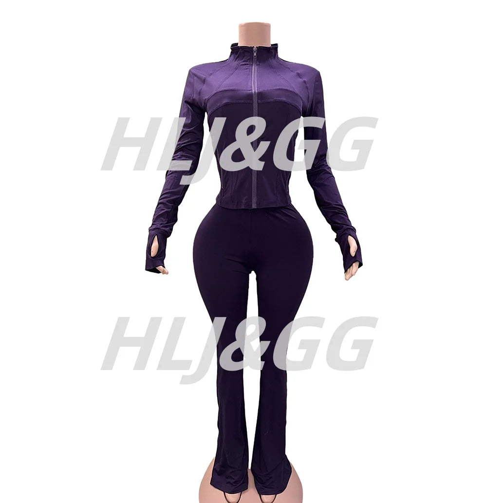 HLJ&GG Casual Solid Sporty Two Piece Sets Women Zipper Long Sleeve Slim Top And Skinny Pants Outfits Spring New 2pcs Tracksuits