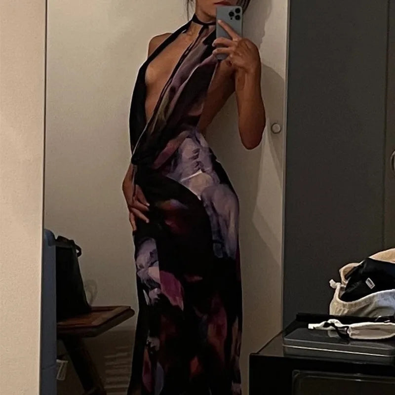 Fashion Sexy Sleeveless V Neck High Waist Halter Party Cocktail Maxi Dress Women Elegant Print Corset Evening Dress