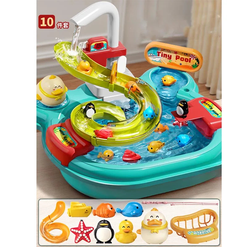 Children's Fishing Toys Electric Pretend Play Toys Dishwashing Basin Toys Gift Kitchen Interactive Toys 2-in-1 Slide Fishing Toy